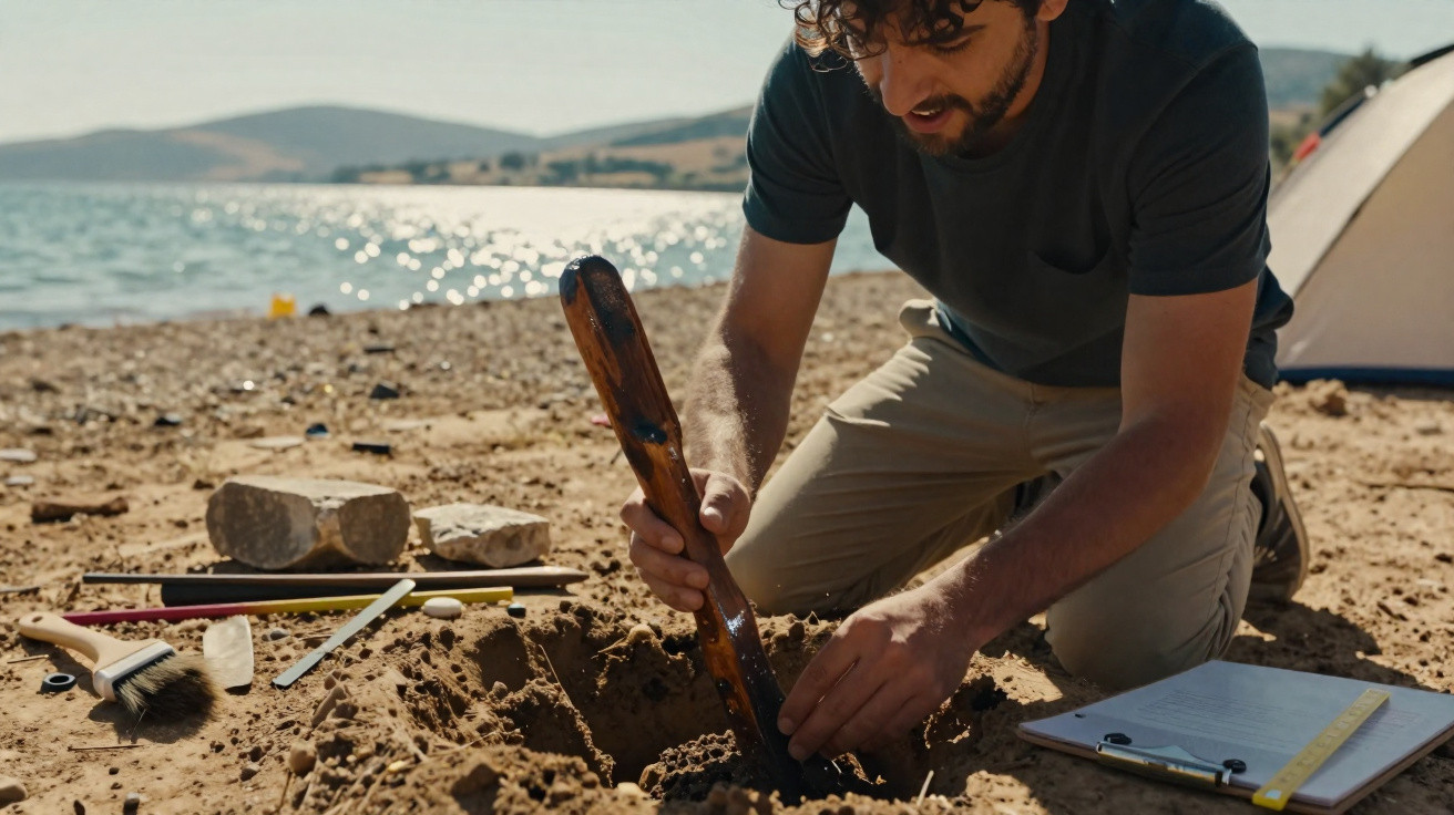 Man digging a hole on a sandy beach with tools and clipboard nearby under sunlight by the sea.