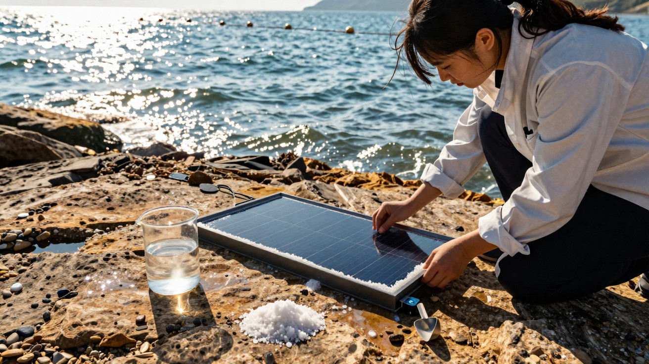 Person crouching on rocky shore with solar panel, salt pile, and glass of water by the sea on a sunny day.