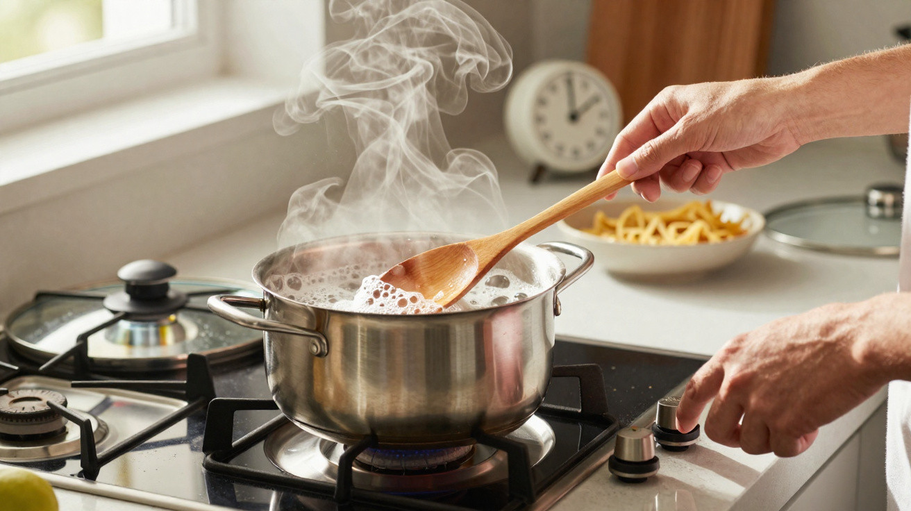 Hands stirring boiling water with a wooden spoon in a pot on a gas stove in a kitchen.