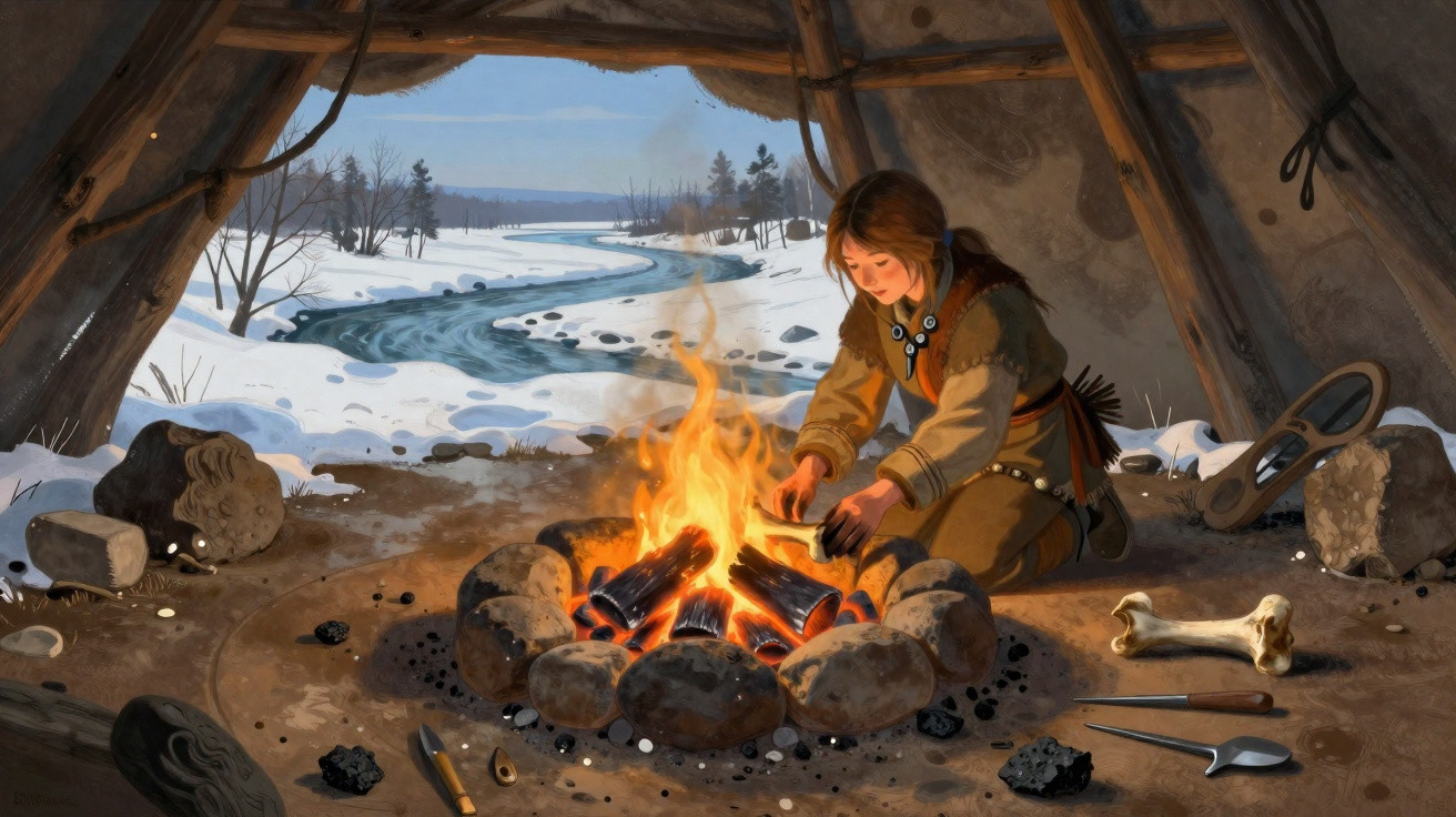 Person in traditional clothing tending a fire inside a stone circle shelter by a snowy river.