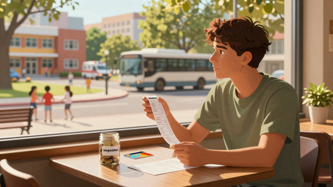 Young man sitting by a window at a table, holding a bill, with a jar labelled "impostos" and credit cards nearby.