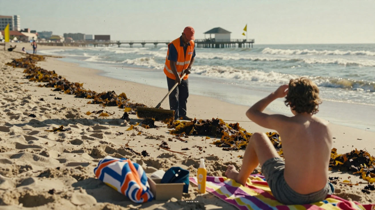 Man in high-visibility vest clearing seaweed from sandy beach while boy sits on towel nearby looking out to sea.