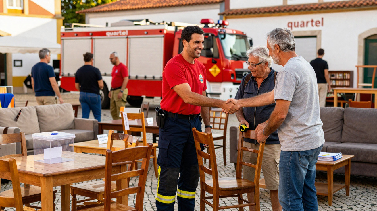 Firefighter shaking hands with an elderly man at an outdoor event with a fire truck in the background.
