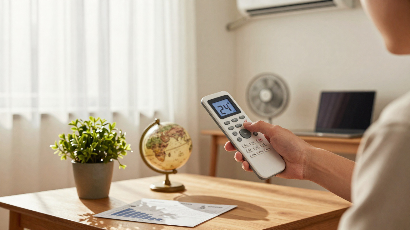 Person holding remote set to 24°C, aiming at air conditioner in a cosy, sunlit home office.