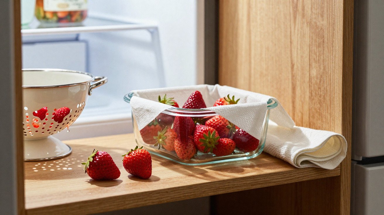 Fresh strawberries in a glass container with a cloth, two strawberries on a wooden shelf next to a white colander.