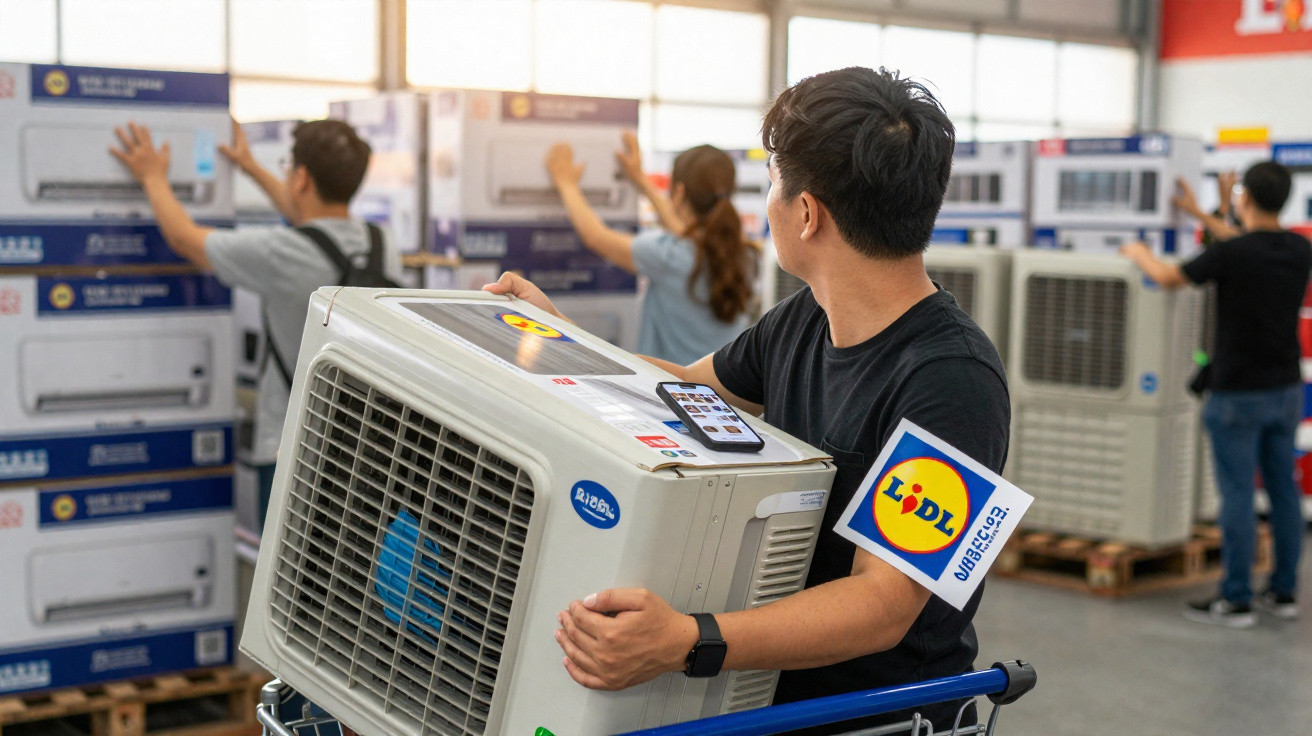 Person holding an air conditioner unit on a trolley inside a store with other shoppers browsing units.