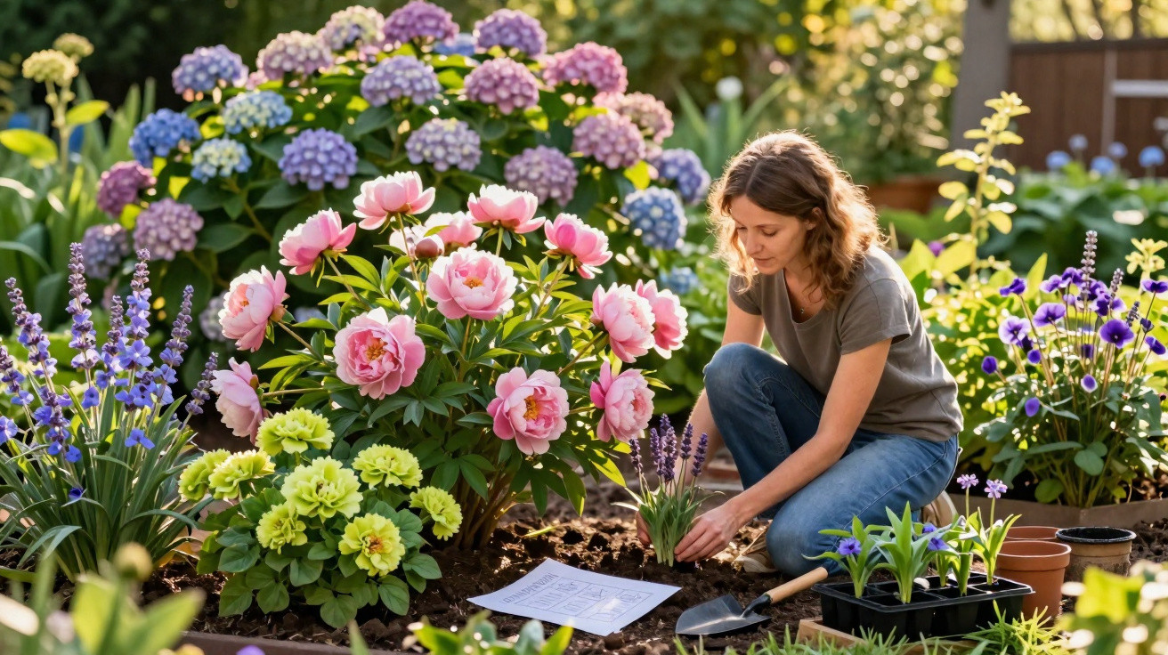 Woman kneeling in a garden, planting flowers among blooming pink peonies and purple hydrangeas in sunlight.