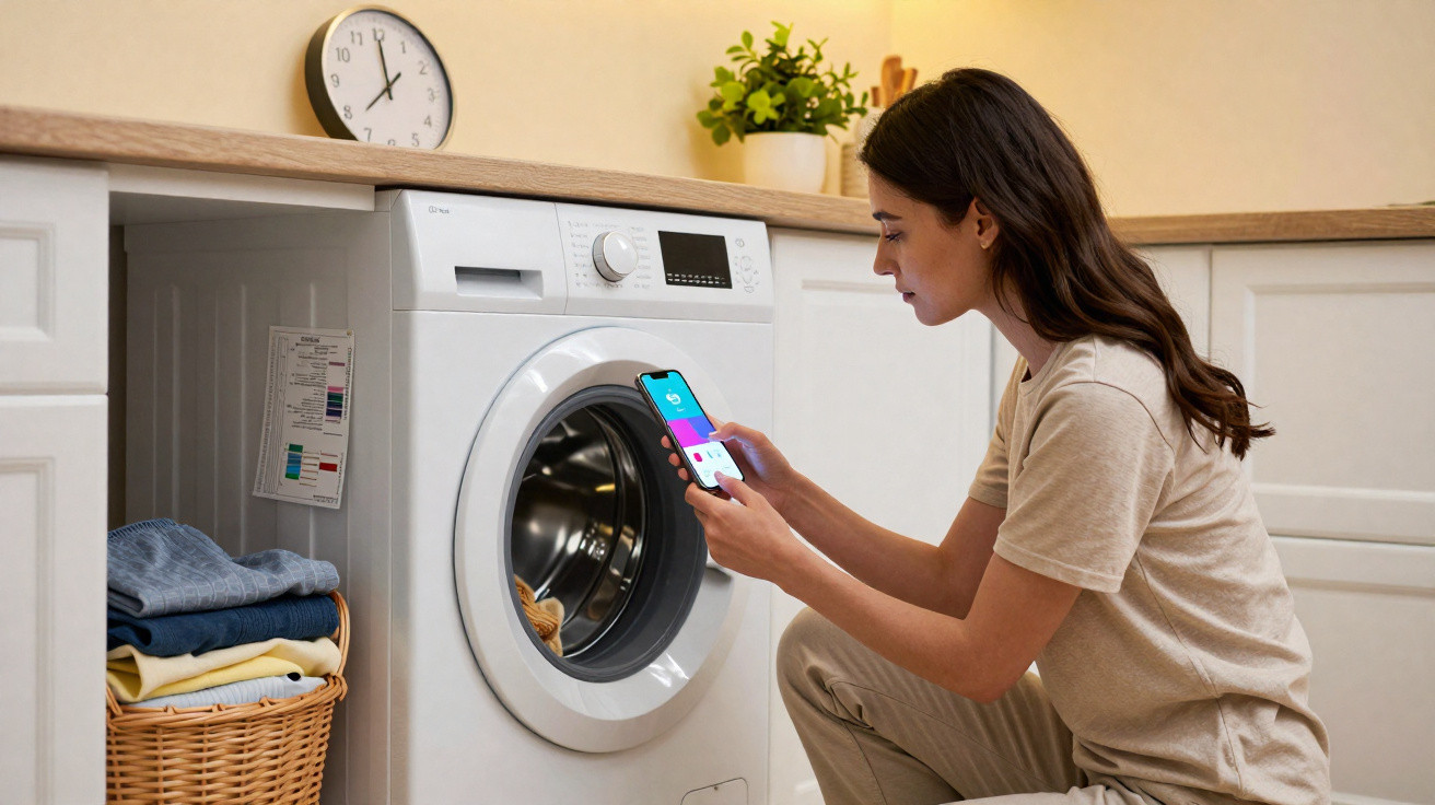 Woman using smartphone to control front-loading washing machine in a modern kitchen with laundry basket nearby.