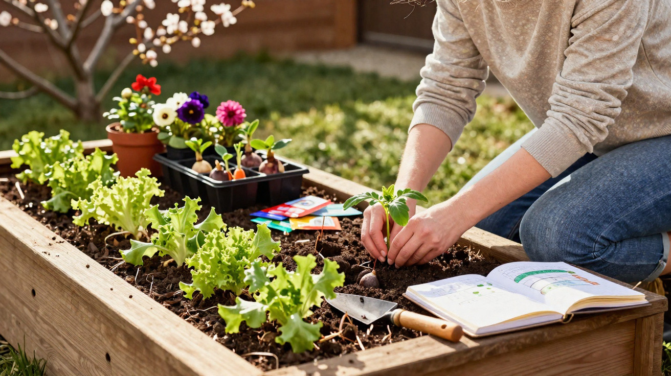 Person planting seedlings in a raised garden bed with lettuce, flowers, gardening tools, and an open book nearby.