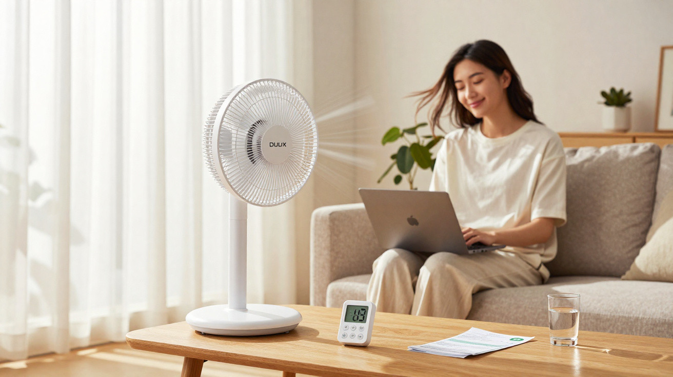 Young woman working on laptop near white Dulux fan on wooden table in bright living room