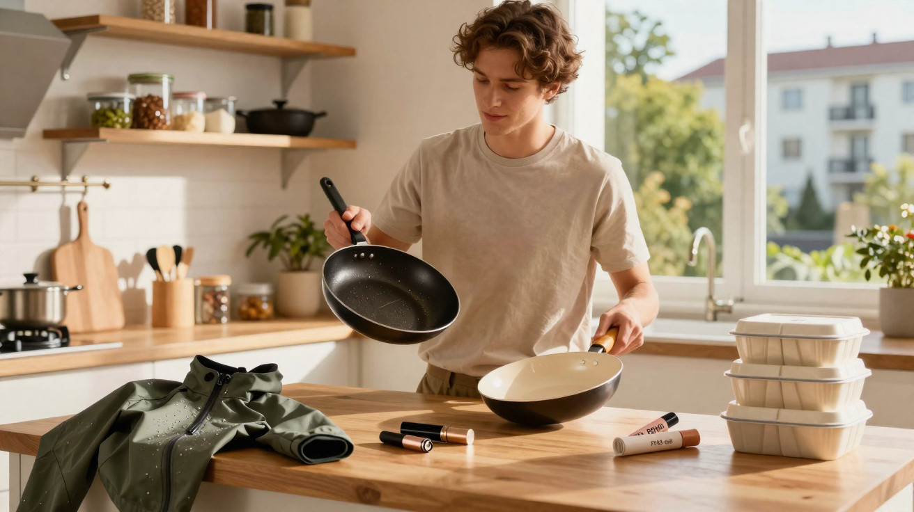 Young man testing non-stick frying pans in a bright kitchen with meal prep containers nearby
