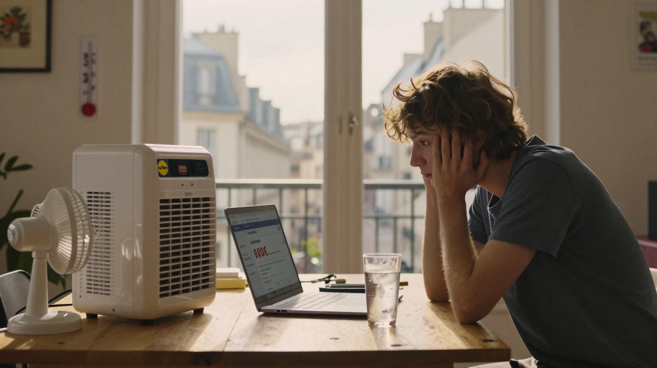 Young man looking stressed at laptop on wooden table with fan and air purifier by window in bright room.