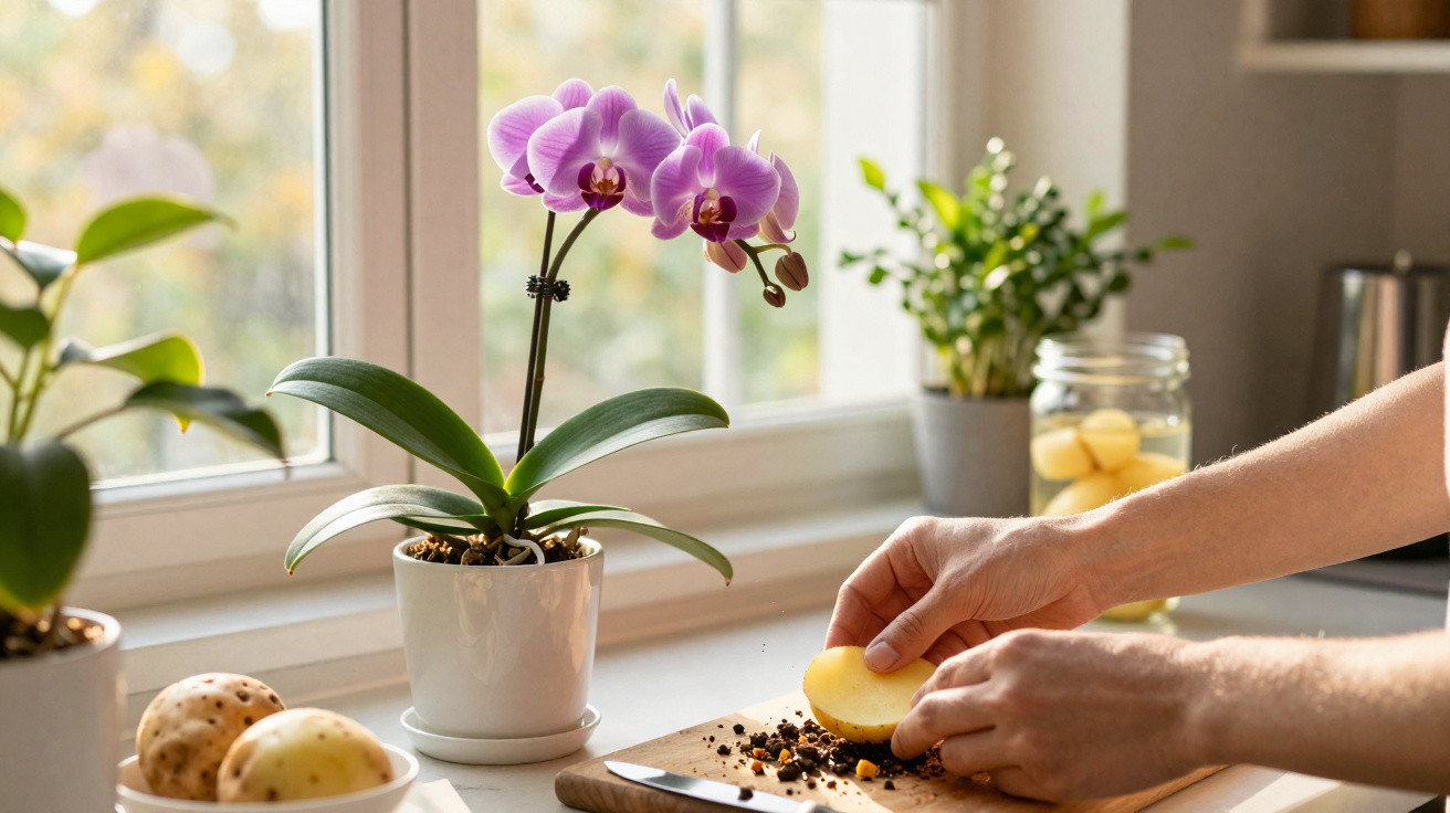 Person peeling a potato on a wooden board near a white orchid on a sunny kitchen windowsill.