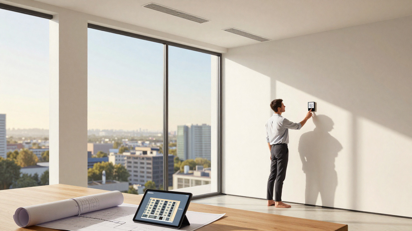 Man adjusting thermostat on wall in modern room with city view and architectural plans on table.