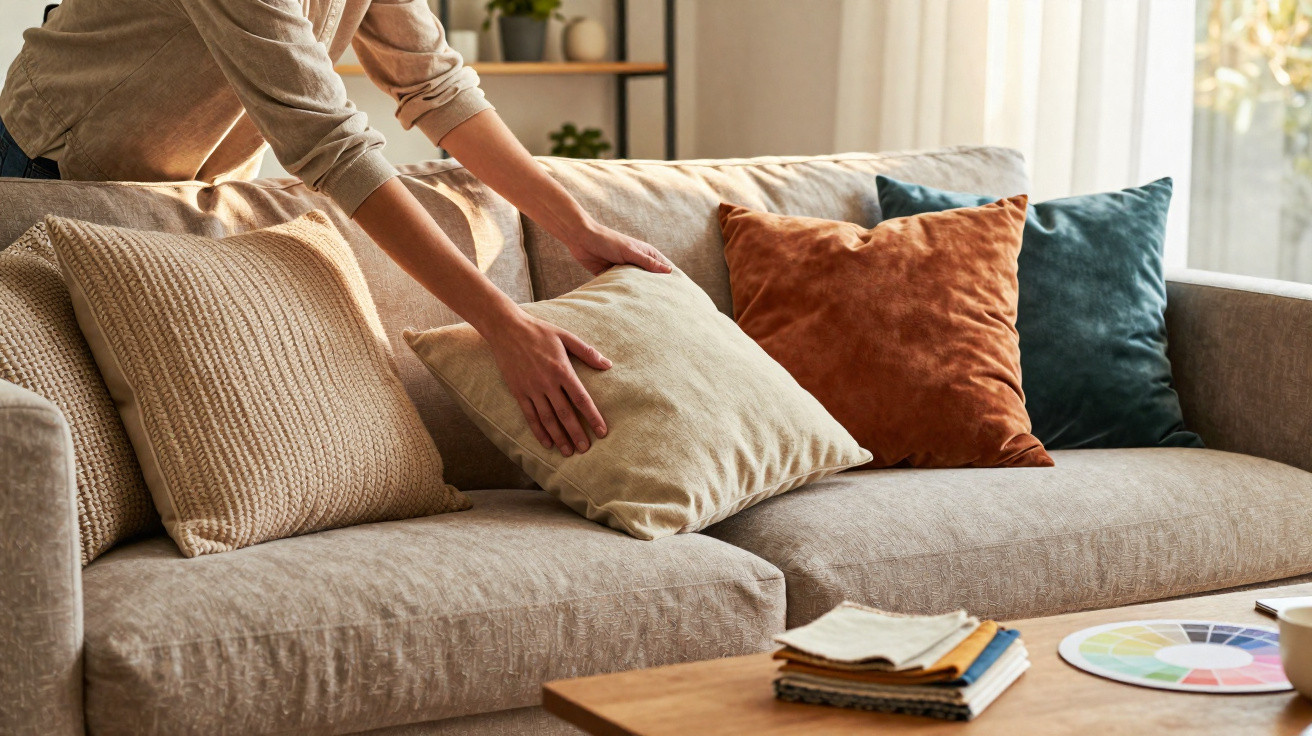 Person arranging beige cushion on a grey sofa with orange and teal cushions in a bright living room.