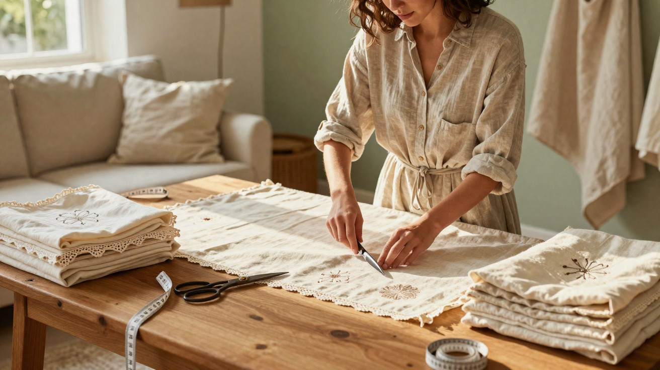 Woman cutting embroidered fabric on wooden table with scissors, measuring tape, and folded textiles nearby.
