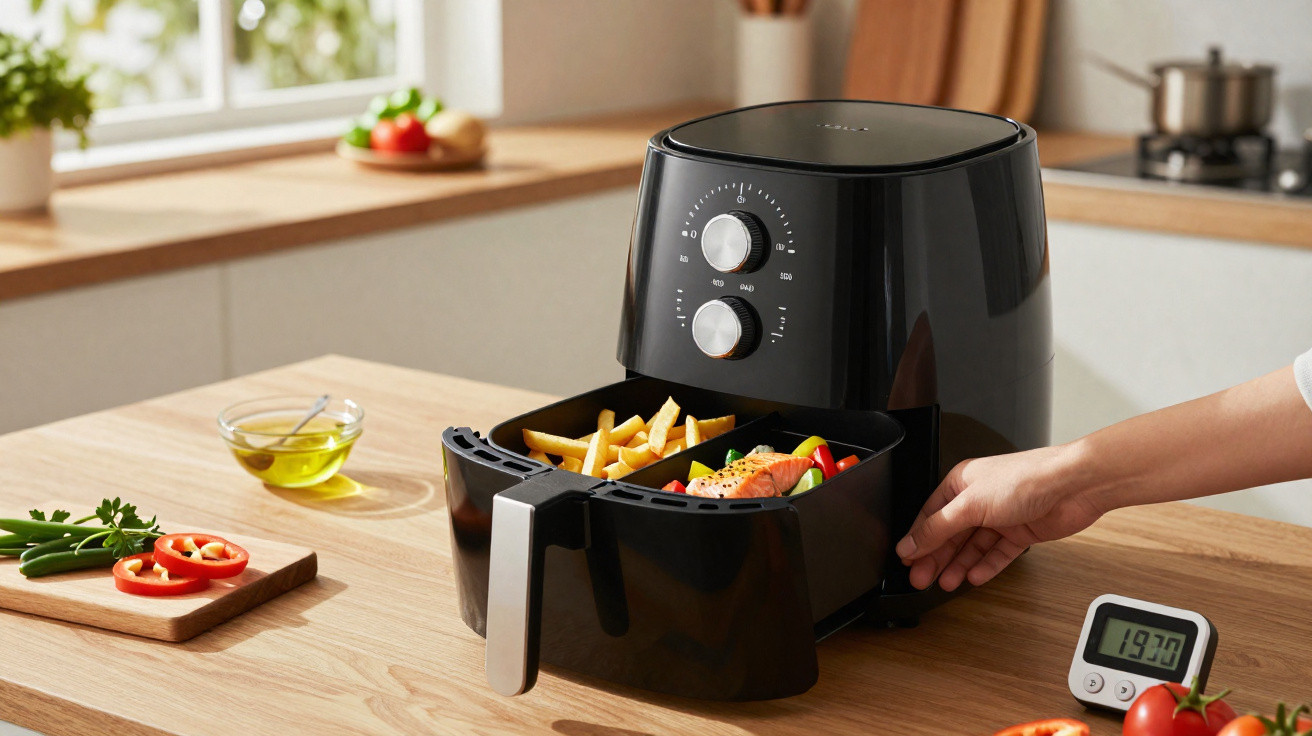 Black air fryer with timer dials cooking fries and salmon on a wooden kitchen countertop.