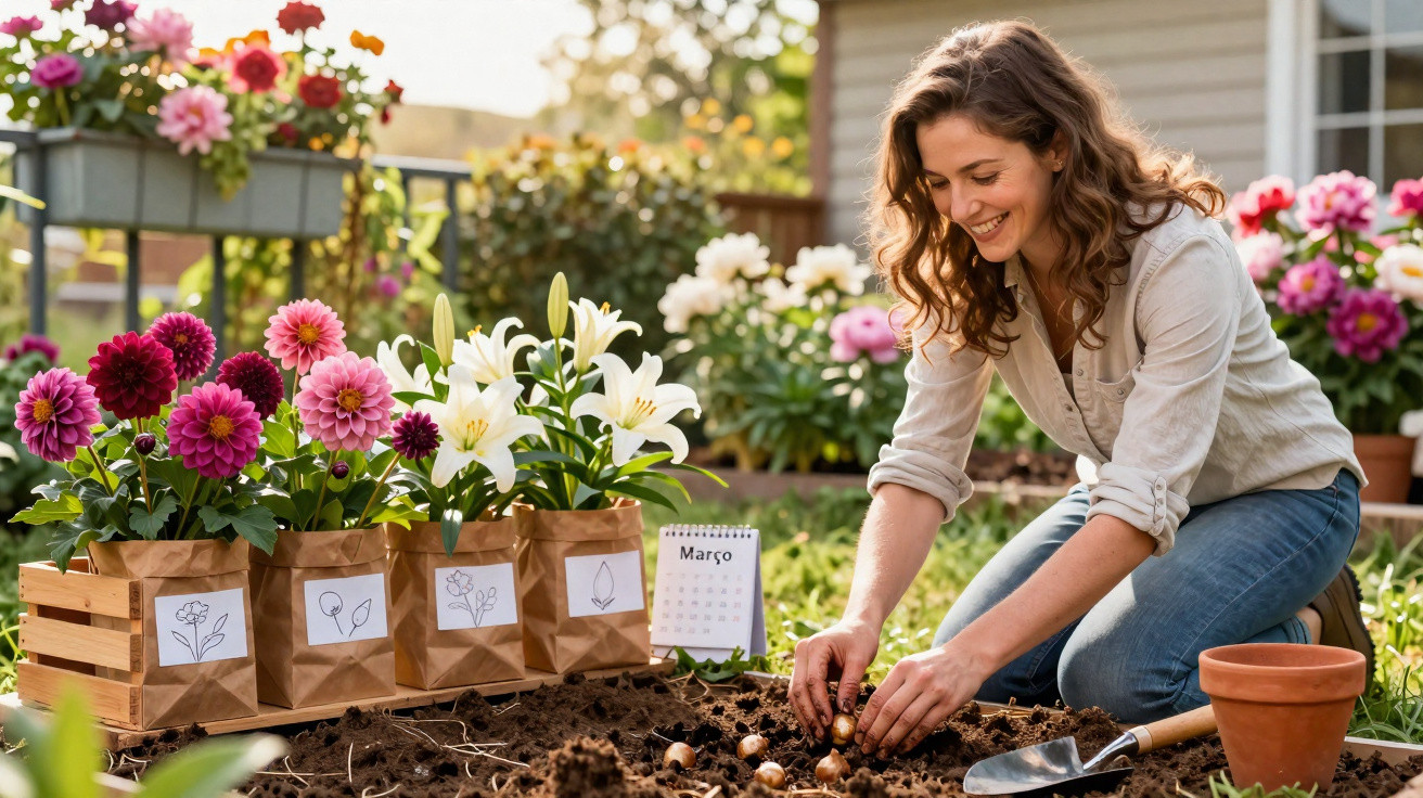 Woman planting flower bulbs in garden bed next to labelled plants and calendar showing March.
