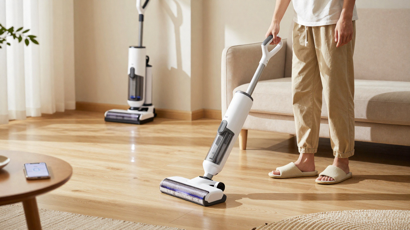 Person using a cordless stick vacuum to clean wooden floor in a bright living room with beige sofa.