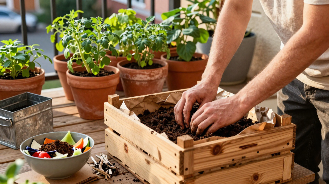 Person planting soil in a wooden planter on a balcony with potted herbs in sunlight.