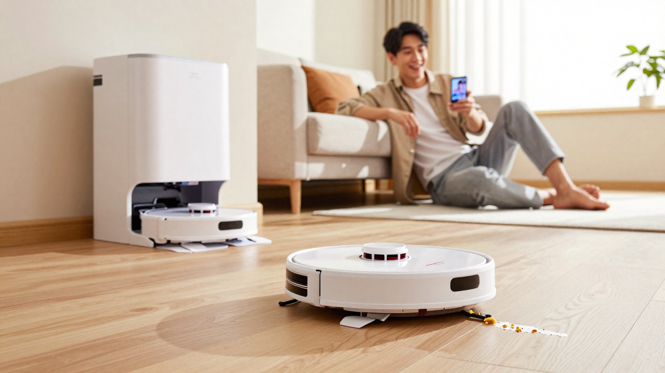 Robot vacuum cleaner picking up crumbs on wooden floor while man watches and smiles on phone in background