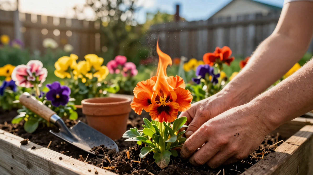 Hands planting a pansy flower that is unexpectedly on fire in a garden bed outdoors.