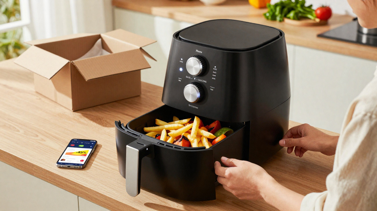Person using a black air fryer with fries and vegetables on a kitchen counter next to a smartphone and open cardboard box.