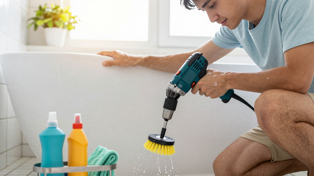 A man using a power drill with a yellow scrub brush attachment to clean a white bathtub in a bathroom.