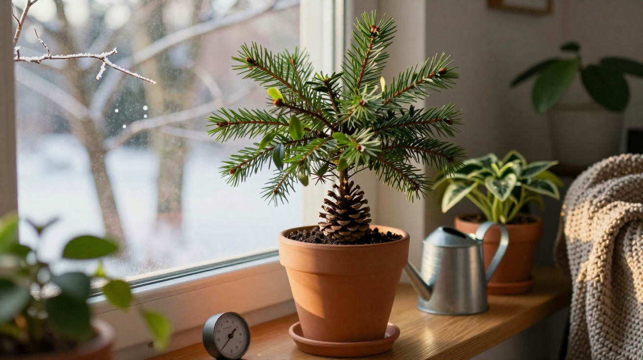 Small pine tree with pine cone in terracotta pot on a wooden windowsill with other plants and watering can