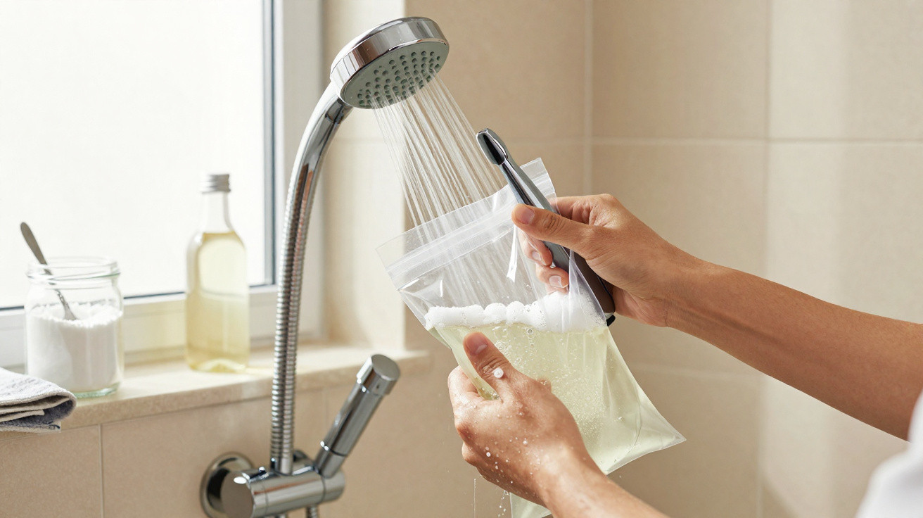 Person rinsing a reusable plastic bag under a showerhead in a bathroom setting near a window.