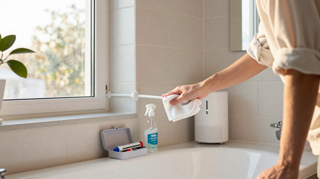 Person cleaning bathroom sink edge with white cloth near window and cleaning spray bottle.