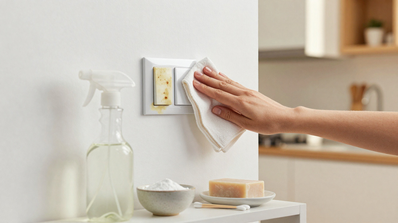 Hand cleaning a stained light switch on a wall with a cloth, soap bar, spray bottle, and cleaning powder nearby.