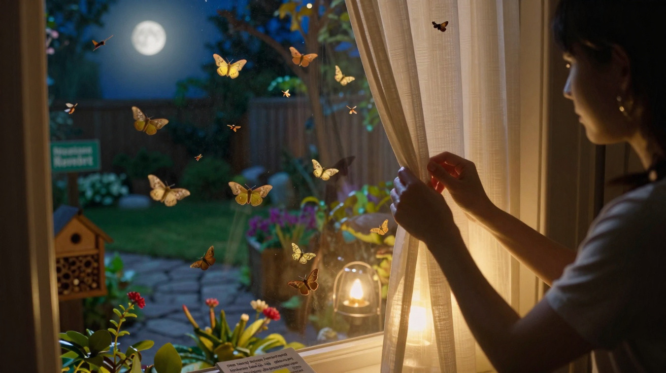 Person drawing back curtain to watch glowing butterflies outside window at night under full moon in garden.
