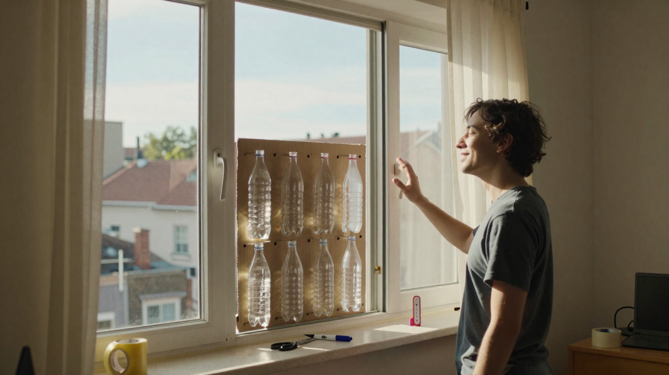 Young man adjusting a DIY solar bottle light installation in a sunlit window of a city apartment.