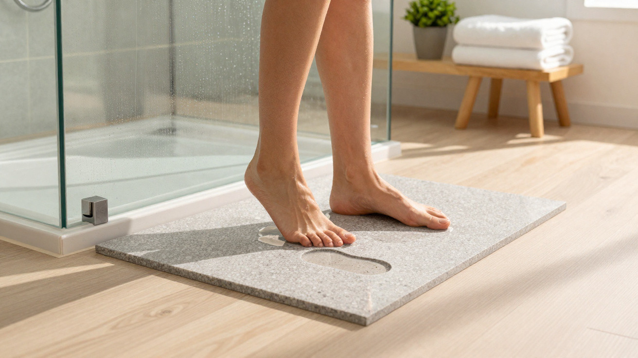 Bare feet standing on a grey absorbent shower mat beside a glass shower enclosure in a bright bathroom.