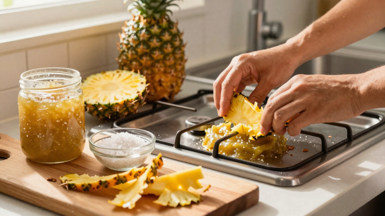Hands grating pineapple core on a stovetop with jar of pineapple jam and bowl of salt on the side.