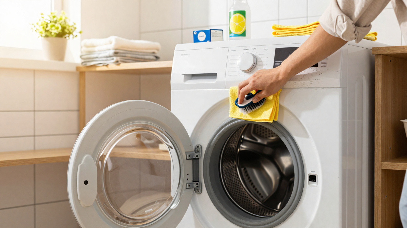 Person cleaning the door of a front-loading washing machine with a brush and cloth in a laundry room.