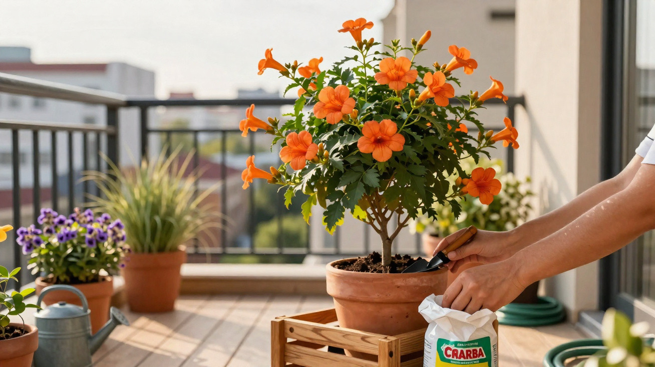Person potting an orange flowering plant on a balcony with other potted plants and gardening tools visible.