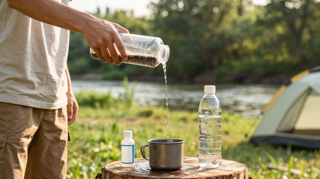 Person pouring water from a bottle into a camping mug on a tree stump near a river and tent outdoors.