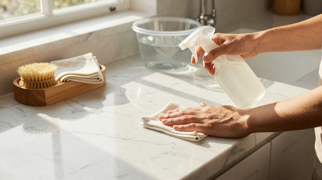 Hands cleaning a marble countertop with a spray bottle and cloth in natural daylight near a window.