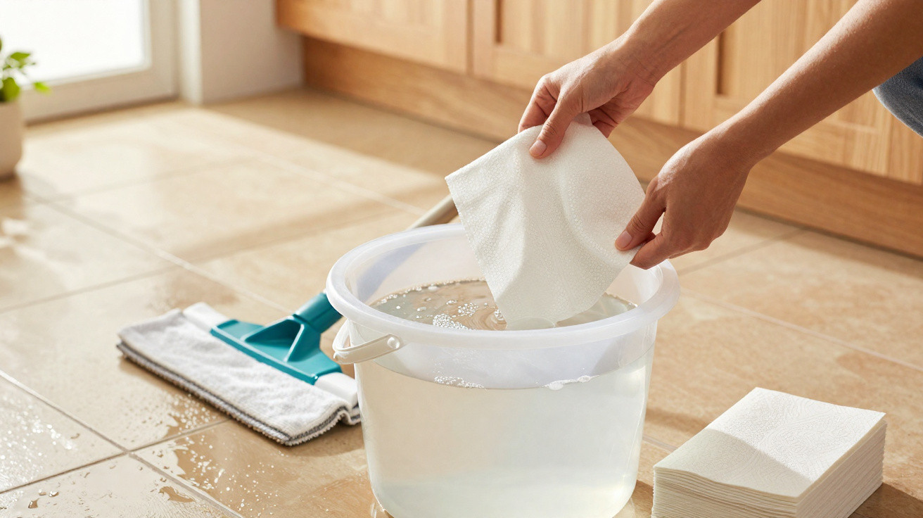 Person dipping a white cleaning cloth into a bucket of water on a tiled kitchen floor next to a mop.