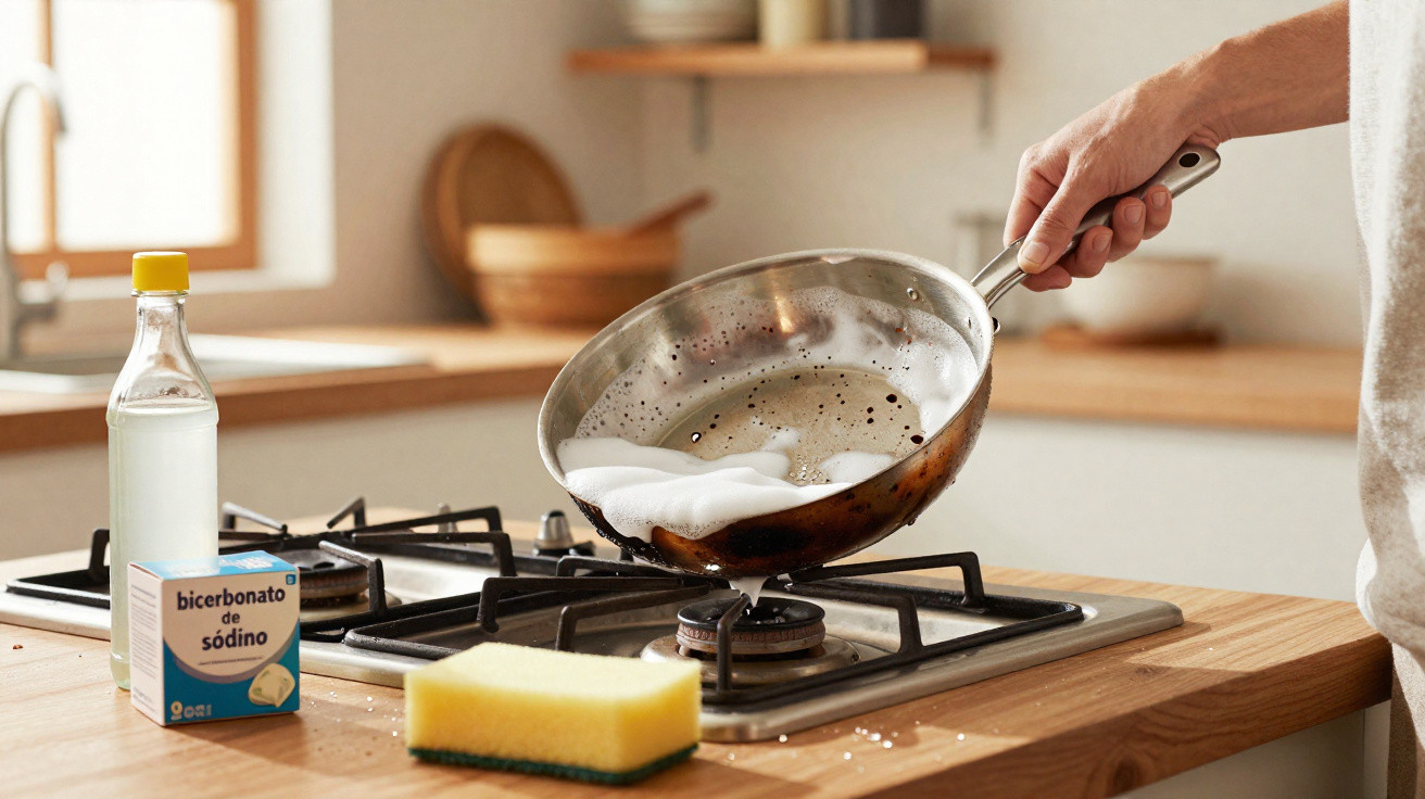 Hand holding a frying pan with foam over a gas stove and cleaning supplies on a wooden kitchen counter.