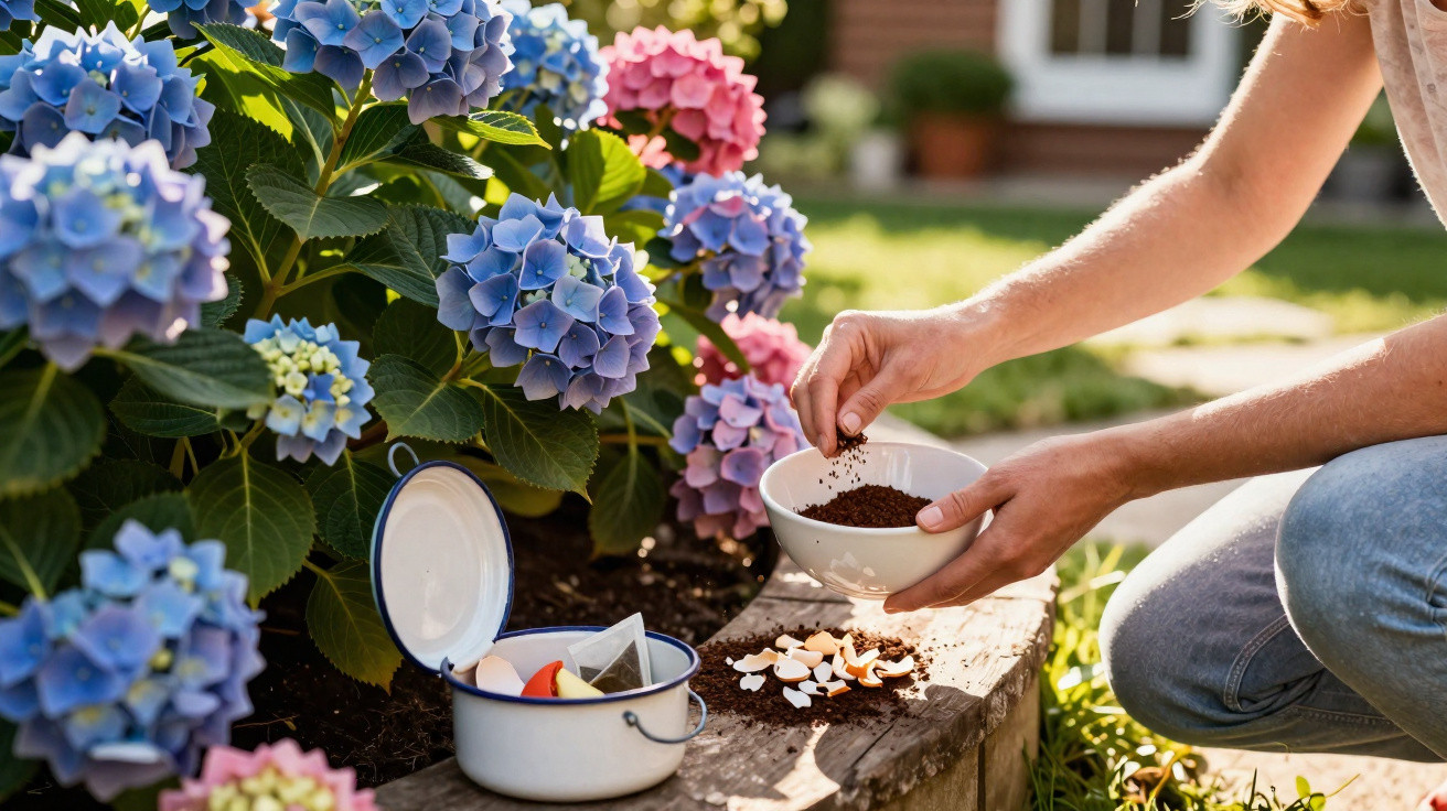 Person adding coffee grounds to garden soil near blooming pink and blue hydrangeas on a sunny day.