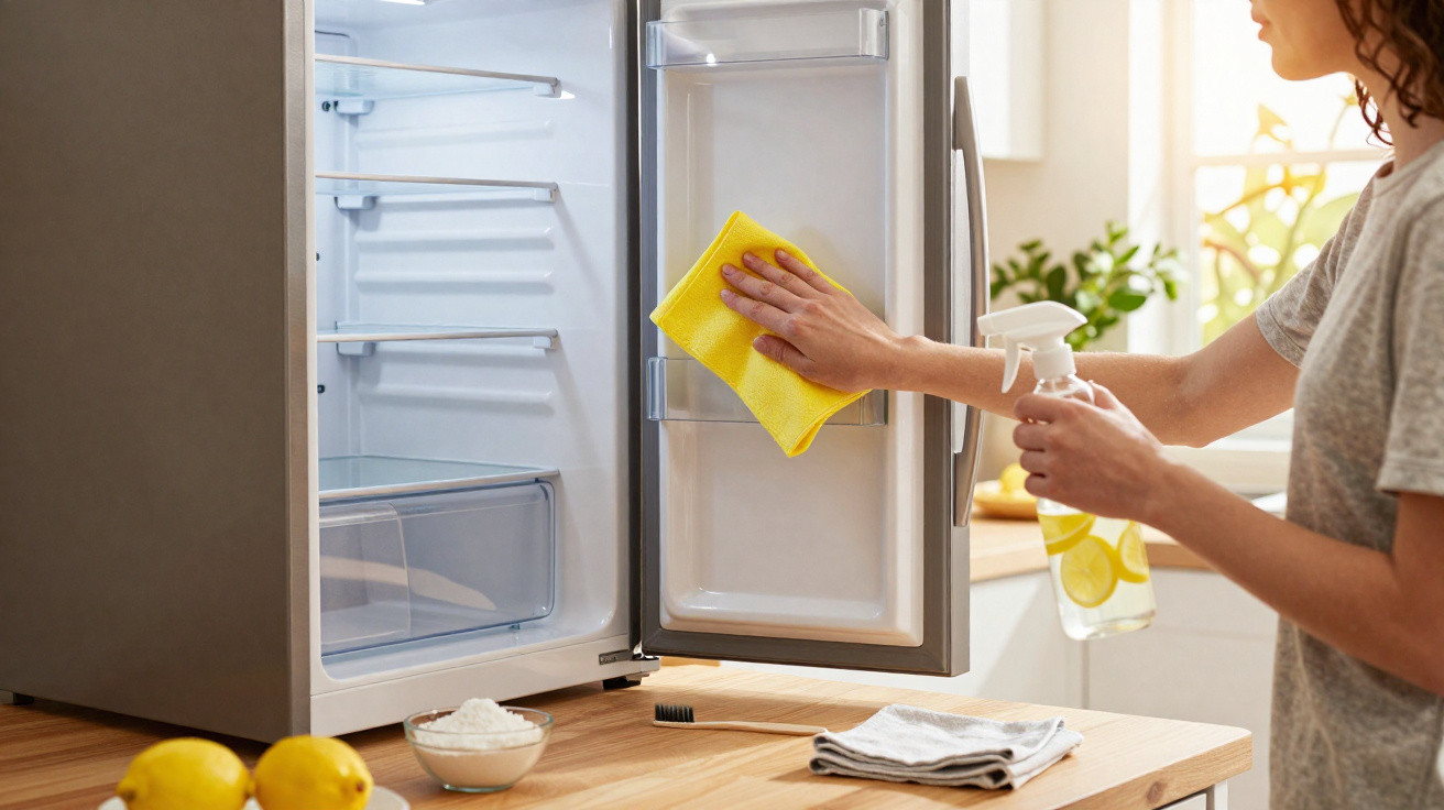 Person cleaning the inside door of an empty fridge with a yellow cloth and spray bottle in a bright kitchen.