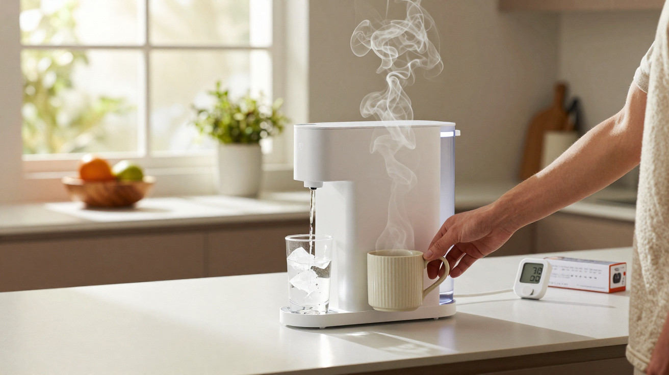 Person holding steaming mug next to a white electric water boiler on a kitchen counter with a glass of ice.