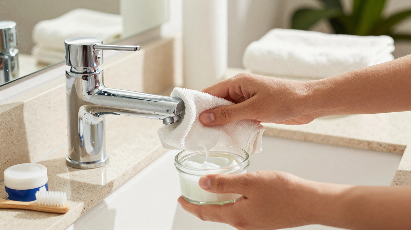 Hands holding a white cloth and glass jar under a modern silver bathroom tap on a beige countertop.