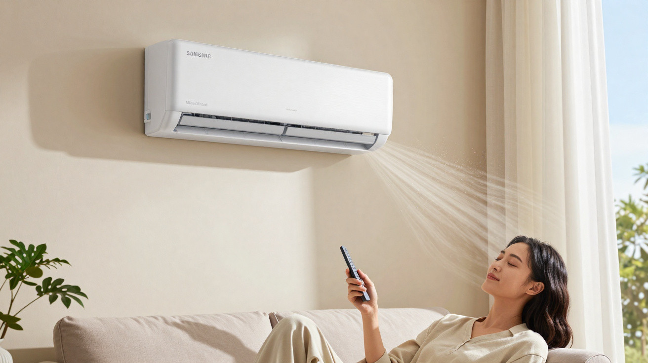 Woman relaxing on sofa using remote to control Samsung air conditioner in bright living room