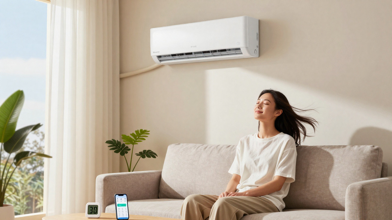 Woman sitting on a sofa enjoying cool air from a wall-mounted air conditioner in a bright living room.