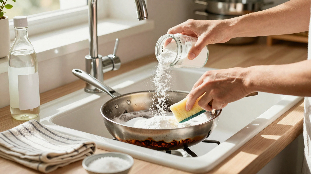 Person pouring baking soda into a frying pan with a sponge in a kitchen sink.