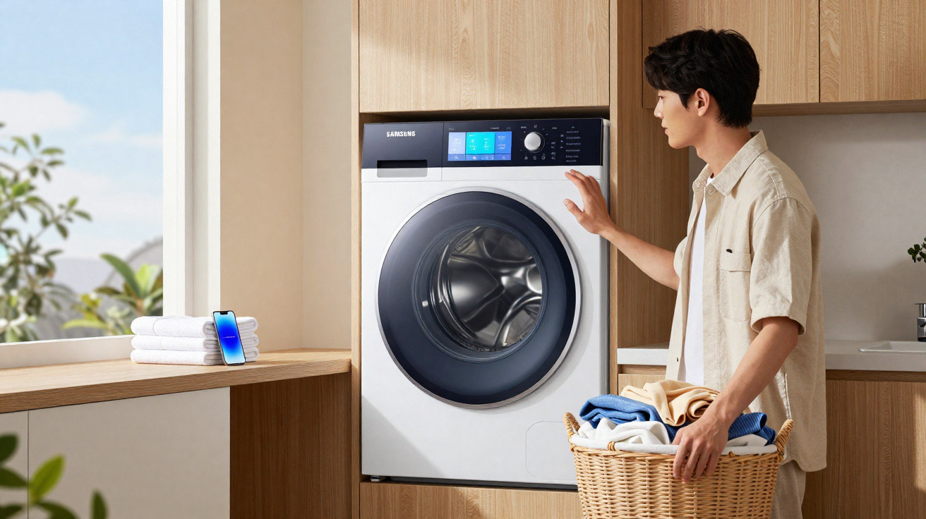 Man with laundry basket operating a front-loading Samsung washing machine in a wooden kitchen.
